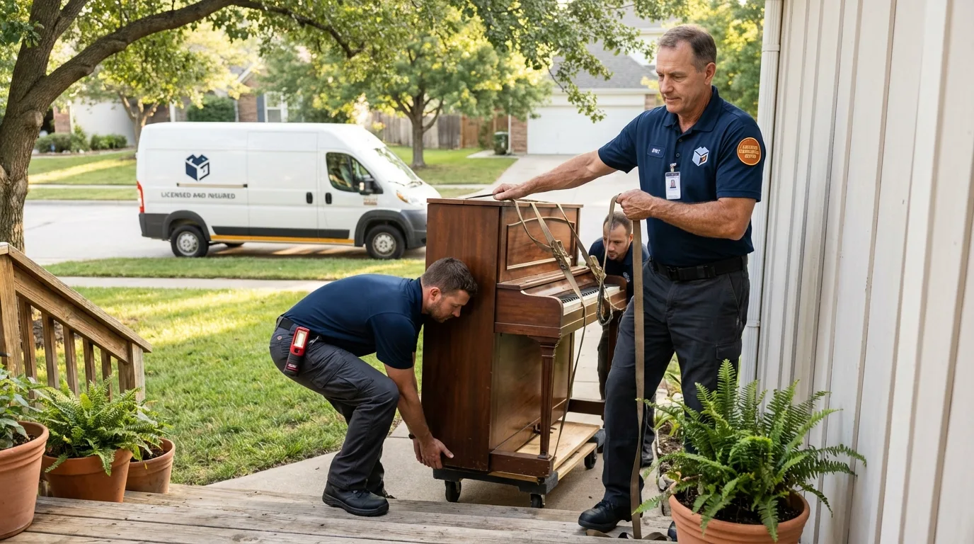 Licensed piano movers securing grand piano in Burbank, CA