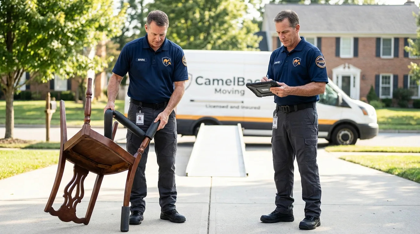 Movers inspecting furniture for damage prevention before loading in Burbank, CA