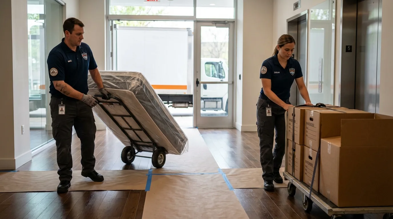 Professional apartment movers loading elevator in Burbank, CA